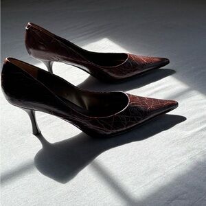 Nine West Pointed Toe Stiletto Pumps in Dark Brown Croc